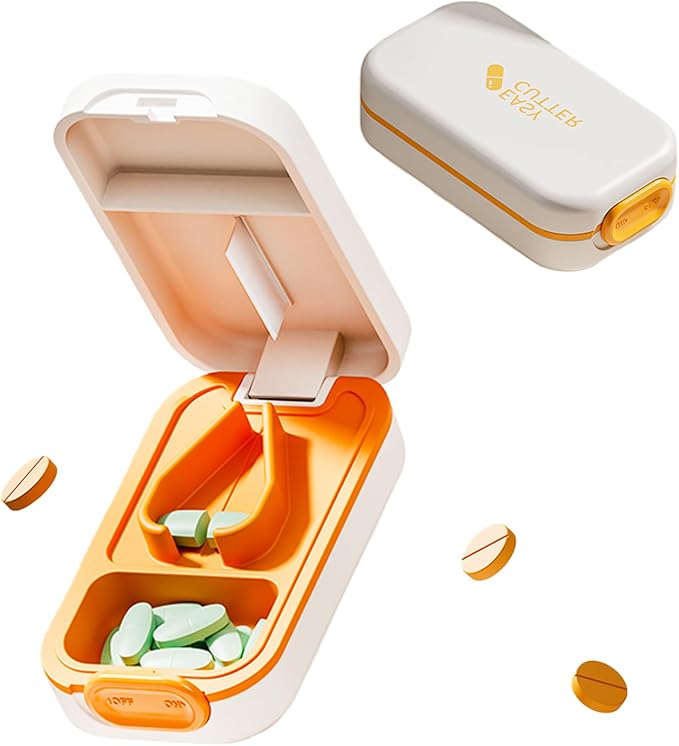 Pill Cutter Splitter for Small or Large Pills with Safety Lock - Accurate and Easy Travel-Friendly Design for Daily Use (Orange)
