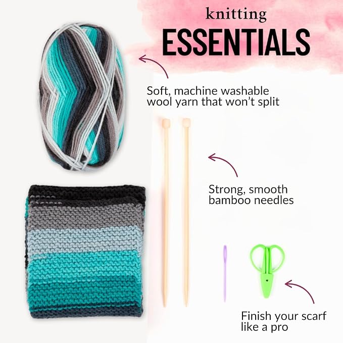The Spinning Hand Knitting Kit for Beginners Adults – Educator-Designed, Self-Striping Wool Yarn, Bamboo Needles & Video Tutorials (Nebula)