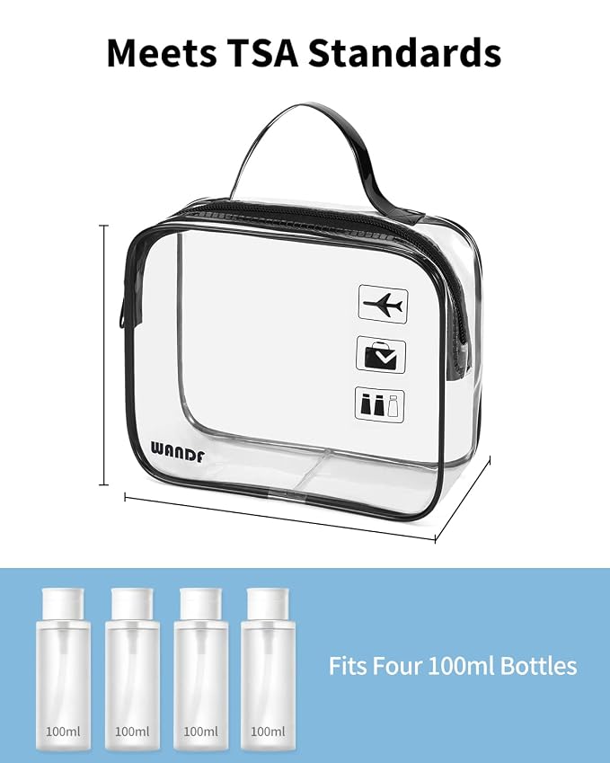 WANDF TSA Approved Toiletry Bag, 2 Pack Clear Makeup Bag | Quart Size, Airport Carry-On, TSA Liquids Travel Bag, Clear PVC, Women Men Travel Essentials