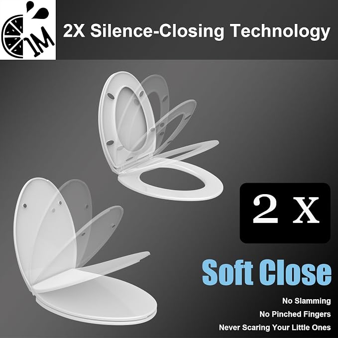 1M Family Toilet Seat, Patented Slow Close & Quick Releasing Technology, Anti-Wiggling, Easy to Install and Clean, Standard Round with Adult Seat Only (2 Pieces)