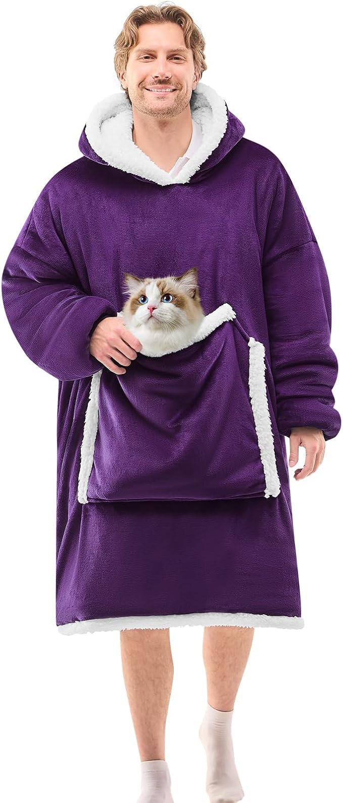 JOYWOO Purple Oversized Wearable Blanket Hoodie, Cat lovers Long Hoodie Blanket for Adult,Birthday Gifts for Women Men Mom,Cozy Sherpa Hooded Blanket Giant Pocket Winter Gifts,Dark Purple,Oversize