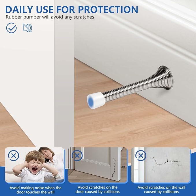 KISEER 12 Pack Spring Door Stops 3 1/4 Inch Flexible Heavy Duty Spring Door Stopper with RustProof Screw Rubber Bumper Tips (Satin Nickel)