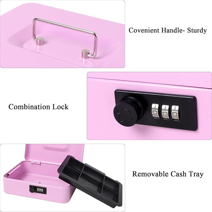 Jssmst Large Cash Box with Combination Lock - Durable Metal Cash Box with Money Tray, Light Purple (9.84 x 7.87 x 3.46)