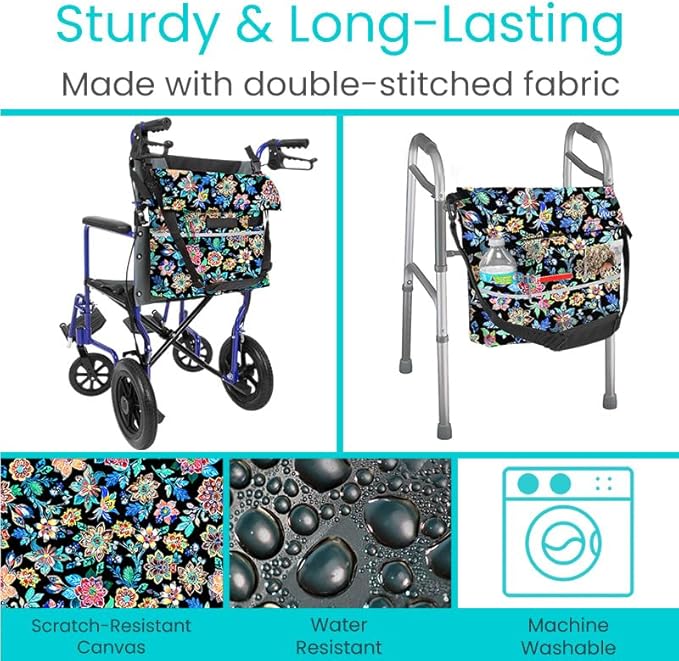 Vive XL Wheelchair Accessories Bag - Waterproof, Scratch-Resistant, Double-Stitched, Machine Washable for Adults, Seniors, 15 Colors - Storage Walker Backpack to Hang on Back (Black Floral)