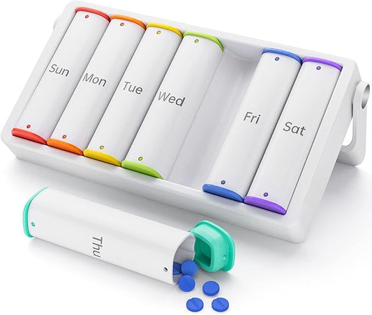 Weekly Pill Organizer 2 Times a Day, KOVIUU Large Travel Pill Box 7 Day, Am Pm Twice Daily Pill Case with Rotatable Handle, Pill Holder Container for Vitamin, Medicine, Supplement, Fish Oil, White