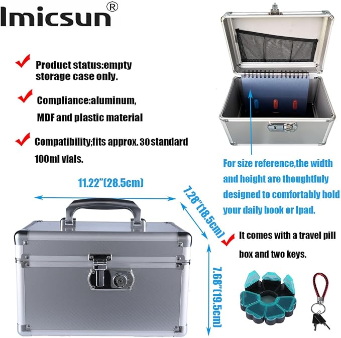 Lockable Medicine Storage Box Med Gloss Silver Aluminum Frame Case | Secure Pill Container Case 11.22 X 7.28 X 7.68" for home, bedroom & dorm private supplies