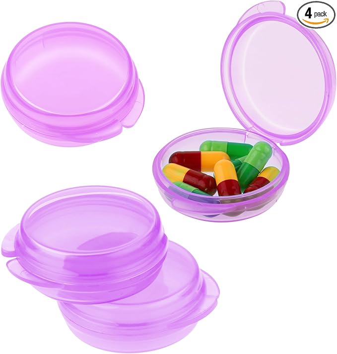 4 Pcs Mini Pill Organizer Small Pill Box Cute Portable Pill Case for Pocket Purse Travel Storage Containers Earplug Case Medicine Dispenser Vitamin Holder (4 Purple)