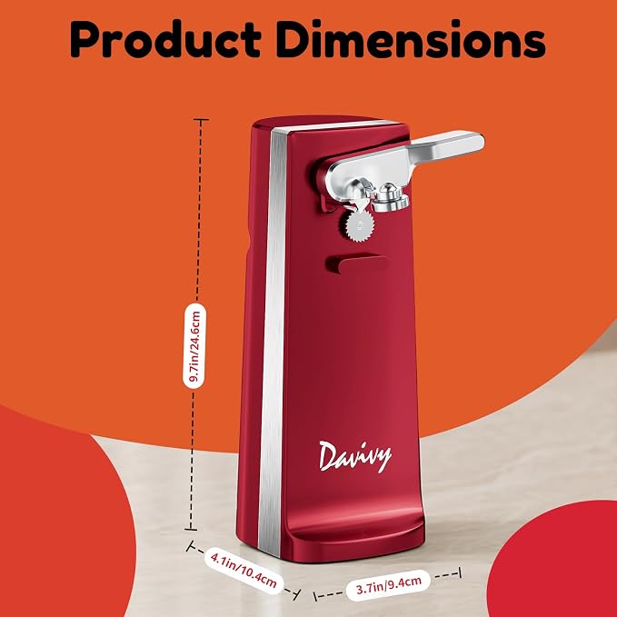 Davivy Electric Operated Can Opener for One Millet Opener, Removable Stainless Steel Cutter and 3-in-1 Design with Knife Sharpener and Bottle Opener (ABS-Red)