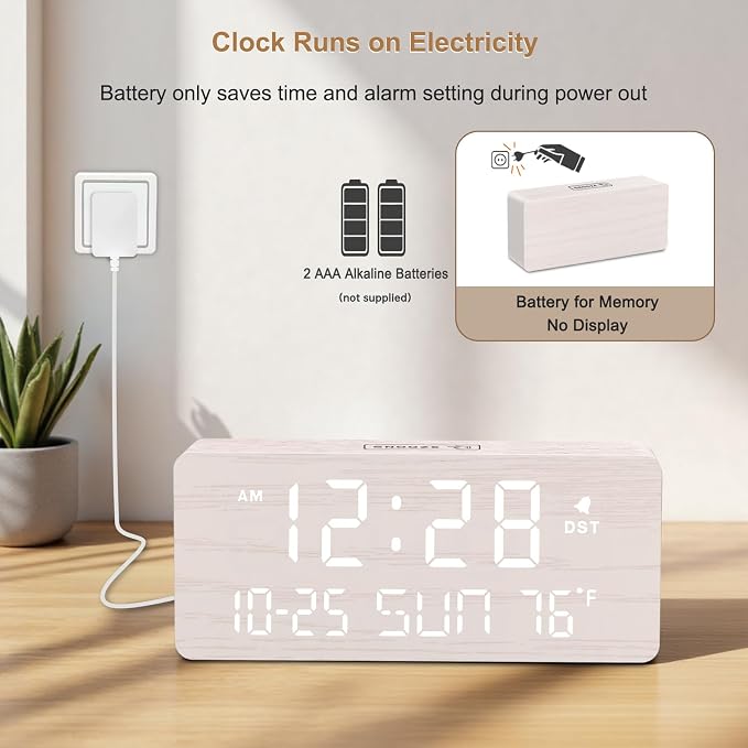 DreamSky Wooden Digital Alarm Clocks for Bedrooms with Date & Day of Week | Living Room Desk Clock, Temperature, USB Port, Dimmer Wheel, Adjustable Volume, Auto DST, Office Wood Decor (Plug-in)