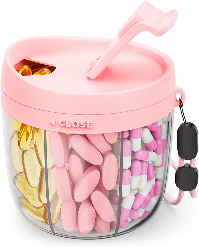 AMOOS Cute Pill Dispenser with Anti-Mix Design, 7-Slot, BPA-Free, Patented | Portable Travel Pill Organizer, Wide Mouth for Easy Access, Pill Bottle Organizer for Vitamins, Fish Oils, Supplements, Pink