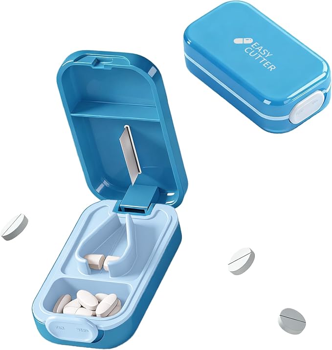 Pill Cutter Splitter for Small or Large Pills with Safety Lock - Accurate and Easy Travel-Friendly Design for Daily Use (Blue)