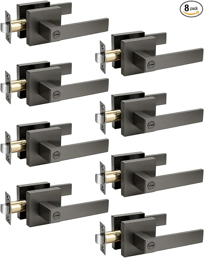KNOBWELL 8 Pack Gunmetal Black Door Handles Interior Door Levers for Bed and Bath Keyless Privacy Doorknob with Lock