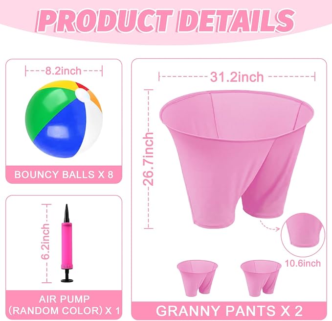 Granny Pants Outdoor Game with 8 Bouncy Balls and 1 Air Pump (Random Colors), 2PCS Granny Pants Game Baby Shower Funny Party Game for Adults & Family, Giant Pants Catch Granny Pants Yard Game