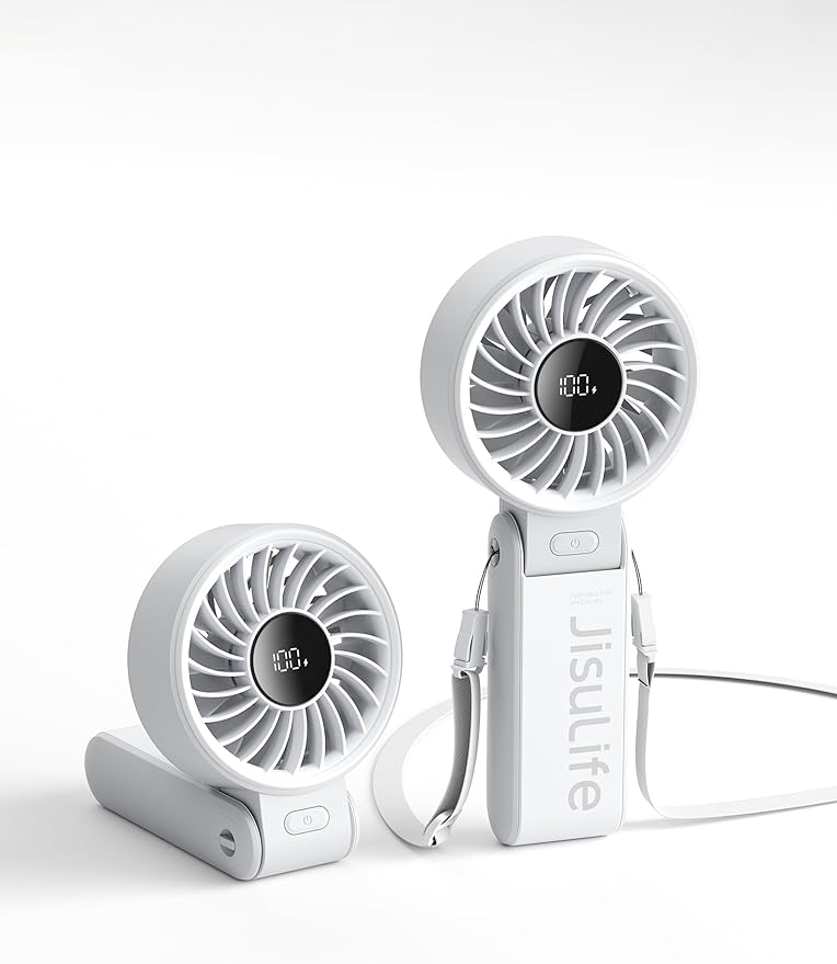 JISULIFE Portable Handheld Fan Life7: 3-in-1 Hand, Desk & Neck Fan-Gery | 19.5H Max Cooling, 5-Speed, LED Display, 5000mAh Rechargeable,USB Foldable Fan for Travel/Concerts/Cruise/Sports Events/Gifts