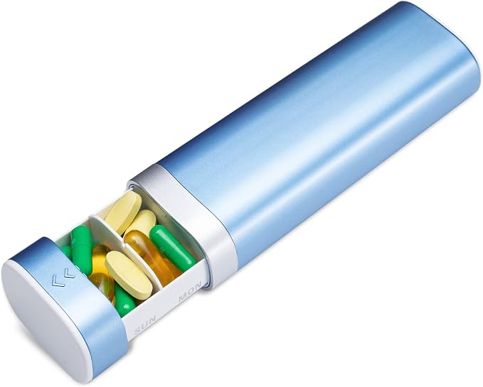 Betife Travel Pill Organizer Weekly 7 Day, Compact Daily Pill Box, Portable Medicine Case for Vitamins Supplements, Drawer-Shaped (Blue)
