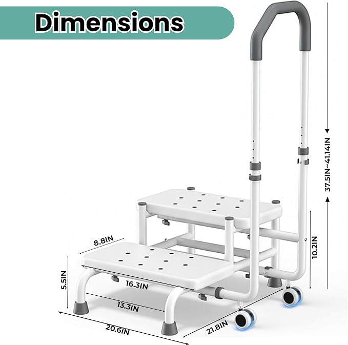 2 Step Stool with Handle & Wheels for Seniors, for Grandpa White | 400 lbs Capacity, Heavy Duty Bed Step for High Beds, Adjustable 5-Level Handrail, Non-Slip Wide Steps, Non-Skid Rubber Feet