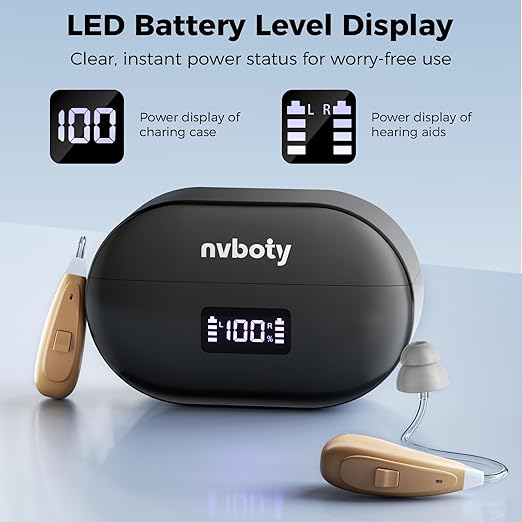 OTC Hearing Aids for Seniors & Adults - Rechargeable, 25+ Hour Battery Life, Advanced Noise Cancellation, 5-Level Volume & Memory, Clear Sound, Comfort-Fit, LED Display (Black)