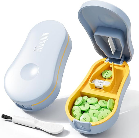 Pill Cutter for Small and Tiny Pills - Pill Splitter with Detachable Silicone Pad - Easy Open Snap Button. Wrap-Around Blade Guard Prevents Cuts. Back Storage (Blue)