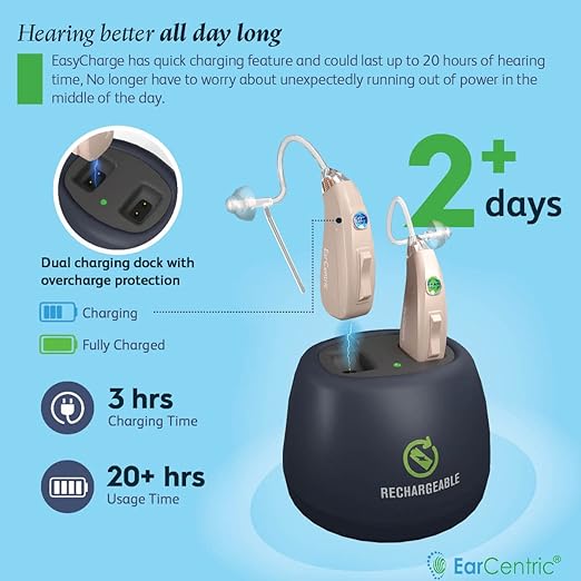 [Silver] EarCentric EasyCharge Rechargeable Hearing Aids (Pair) for Seniors, Behind-The-Ear BTE Ear Aid PSAP digital Personal sound amplification products devices with Noise Cancellation