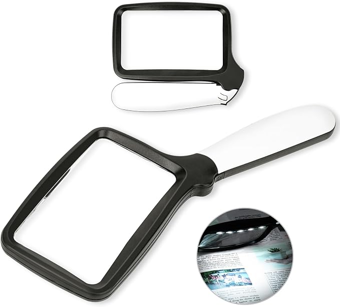 3X Folding Magnifying Glass with Light, Retancular Lighted Magnifier with 5 LED Lights, Handhold Page Magnify Lens Seniors Gift for Reading Books, Coins, Maps, Inspection, Exploring -Black