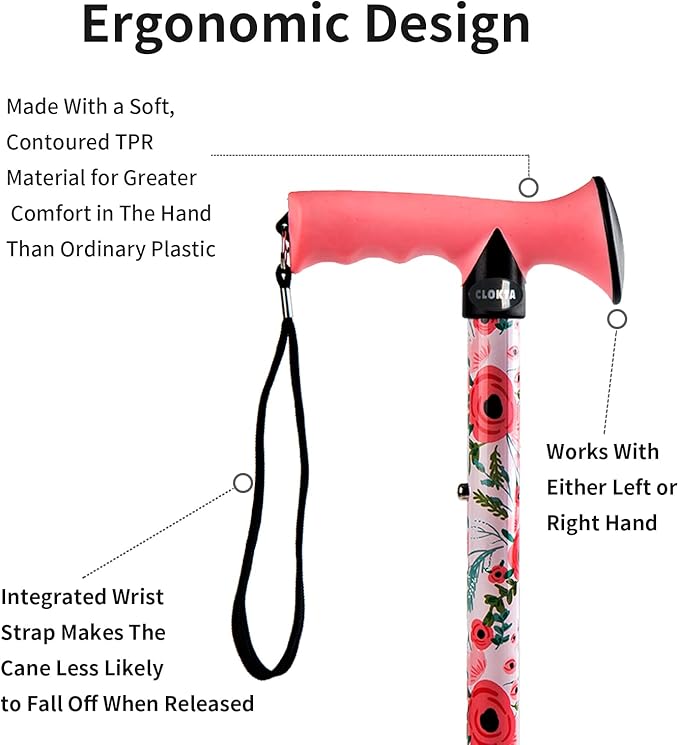 Walking Cane for Men and Women, Foldable Floral Lightweight Adjustable Portable for Folding Canes, Comfortable T-Handle for Seniors Adults