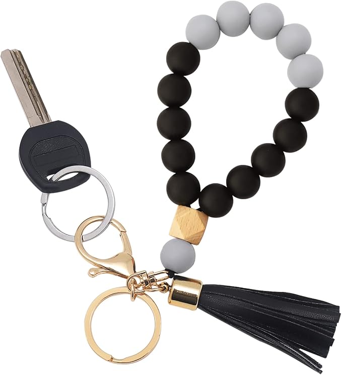BAOSIWA Silicone Key Ring Bracelet Wristlet Keychain Unique Beaded Bangle Key Chains for Women with Leather Tassel