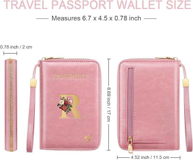 Passport Holder for Travel Personalized Wallet with Wristlet Women | All-in-One Passport Cover, RFID Blocking, Back Coin Pocket, Paper Money Slot, Zipper Closure, Roses Initial Letter, Pink R