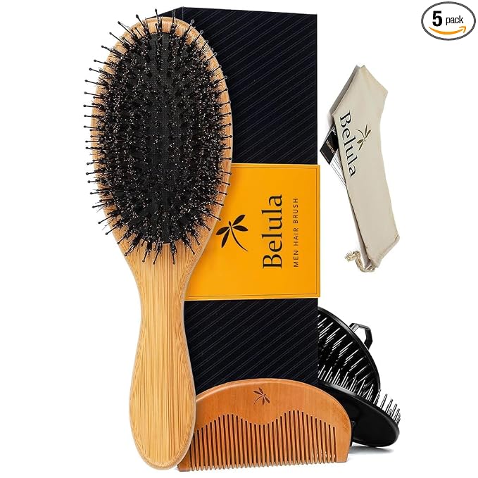 Belula Men's Hair Grooming Set, Boar Bristle and Nylon Pin Brush, Comb, Bag | Boar bristle brush, nylon pin brush, wooden comb, 2 palm brushes, travel bag, 5 piece set, massages scalp, boosts shine
