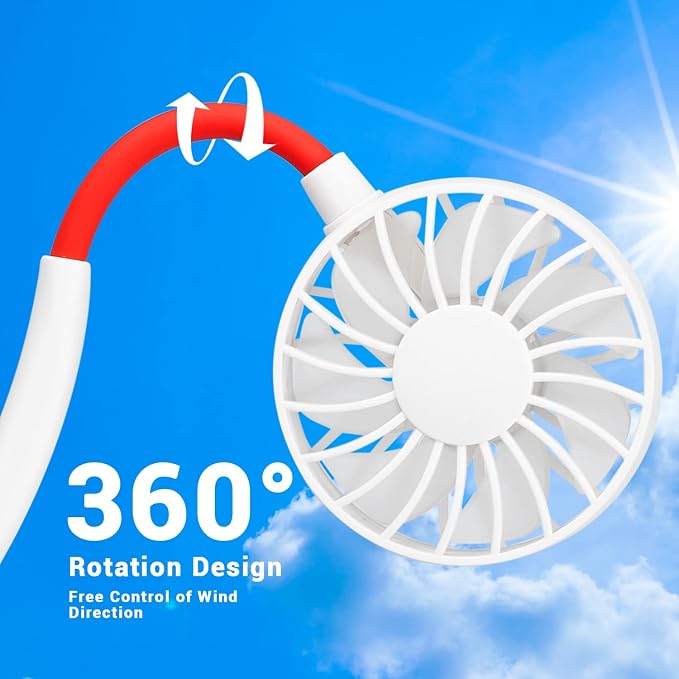 JUANANIUG Portable Neck Fan Rechargeable Personal HandFree Fan Mini USB Wearable Neckband Sport Fan 3 Speed Adjustable 360 Degrees Rotation Perfect for Working Traveling Office Reading (White)