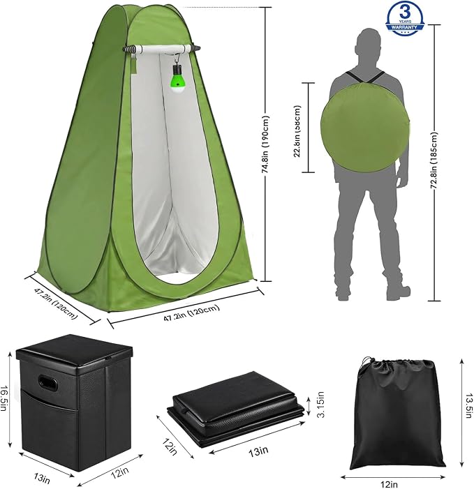 Panmout Portable Toilet Kit with Pop-Up Privacy Tent, 16.5" Camping Toilet | All-in-One Outdoor Portable Camping Bathroom with Camping Toilet , Waste Bags, LED Light for Camping, RV, Road Trip