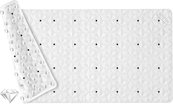 Non Slip Bathtub Mat for Bath Tub Shower Safety - Natural Rubber Mat with Suction Cups ＆ Drain Holes - BPA/PVC Free Large Bathroom Mat - Machine Washable - Unique Diamond Pattern - 17 × 35 Inch