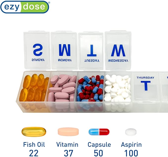 Ezy Dose Weekly (7-Day) Pill Organizer, 3X-Large Medicine Planner, Clear | Vitamin & Supplement Case, Spacious Compartments to Secure Prescription Medication and Prevent Accidental Spilling, BPA-Free