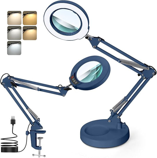 10X Magnifying Glass with Light and Stand, Real Glass Lens Desk Lamp, Lighted Magnifier with Light Stepless Dimming Hands Free for Craft, Reading, Painting, Sewing, Solder - Blue