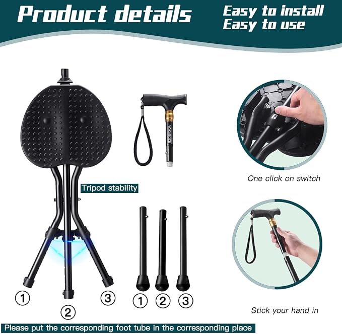 Anti-Slip Walking Cane with Seat Folding Lightweight,Walking Stick Height Adjustment,Portable and Sturdy Cane Chair for Travel Outdoor Use, Queuing, Elderly Women and Men