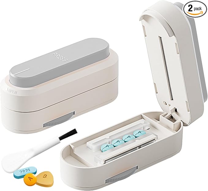 Multiple Pill Cutter - Pill Cutter Splitter for Small Tiny Large Pills Professional | Vertical Press-Down Cutting & Adjustable | Sturdy Blade & Guard | Includes Cleaning Brush (Grey)