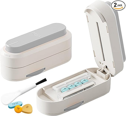 Multiple Pill Cutter - Pill Cutter Splitter for Small Tiny Large Pills Professional | Vertical Press-Down Cutting & Adjustable | Sturdy Blade & Guard | Includes Cleaning Brush (Grey)