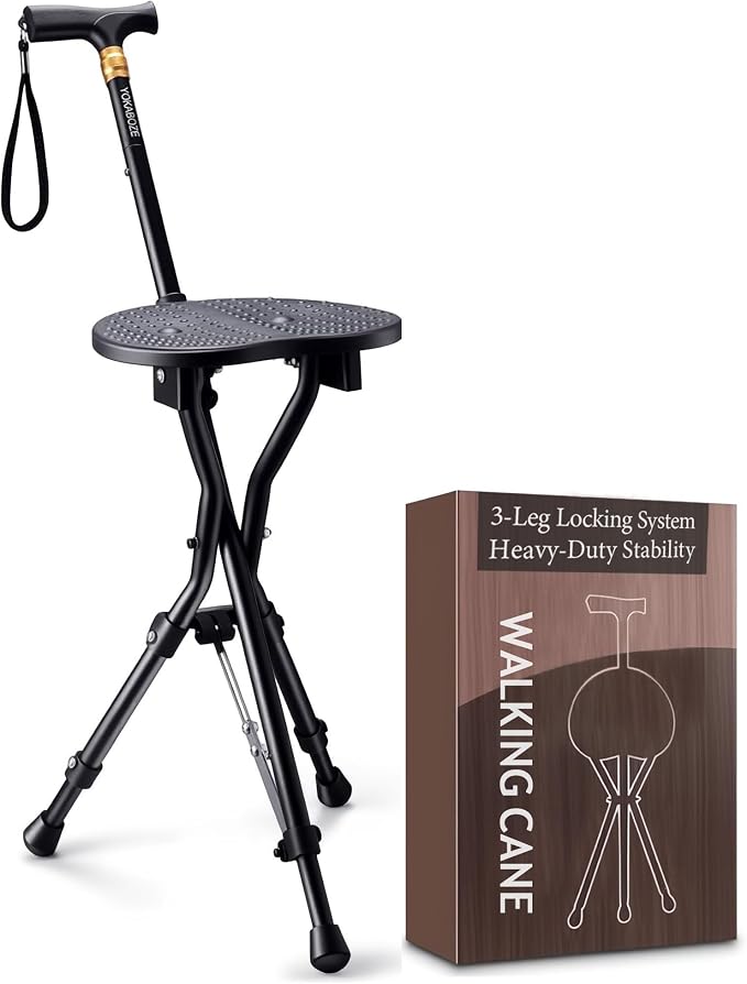 Anti-Slip Walking Cane with Seat Folding Lightweight,Walking Stick Height Adjustment,Portable and Sturdy Cane Chair for Travel Outdoor Use, Queuing, Elderly Women and Men