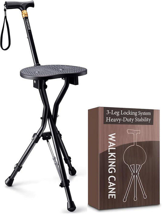 Anti-Slip Walking Cane with Seat Folding Lightweight,Walking Stick Height Adjustment,Portable and Sturdy Cane Chair for Travel Outdoor Use, Queuing, Elderly Women and Men