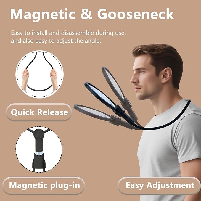 6X Hands-Free Magnifying Glass with Light, Rechargeable Neck Magnifier 24 LED for Reading, Crafts, Cross Stitch - Adjustable Brightness for Low Vision Seniors & Close Work