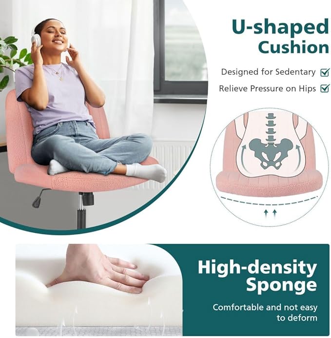 Criss Cross Chair with Wheels, Ergonomic Armless Swivel Comfy Vanity Seat, Wide Back Support and Adjustable Height for Home Office Bedroom Computer Gaming Makeup, Pink Velvet
