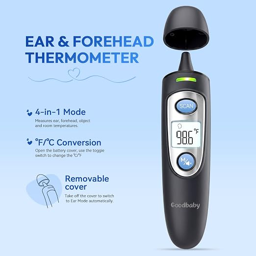 Ear and Forehead Thermometer for Adults & Kids, 1s Accurate Result (Black) | Fever Alarm