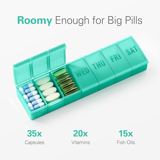 Barhon Pill Organizer Large, Weekly Pills Organizer Pill Box, Medicine Pill Organizer Travel, 7 Day Pill Case for Big Vitamins Supplements Fish Oil, Green