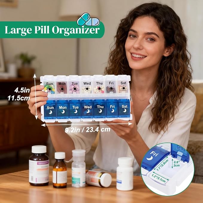 Shintop Weekly Pill Organizer 2 Times a Day, Easy Fill Am Pm Pill Box | Easy-Open Buttons, Quick-Fill Removable Top, Large Compartments, BPA-Free PP, Silicone Hinges, Senior- and Arthritis-Friendly