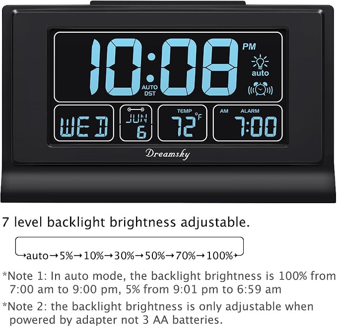 DreamSky Alarm Clocks for Bedrooms with Battery Backup, Auto Set Digital Clock with Date and Day of Week, Temperature, USB Port, Auto DST, Dimmer, 12/24H