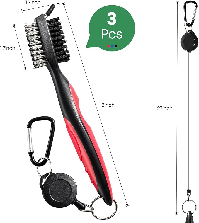 POIKSHARK Golf Club Brush and Club Groove Cleaner with Retractable Zip-line and Aluminum Carabiner Cleaning Tools