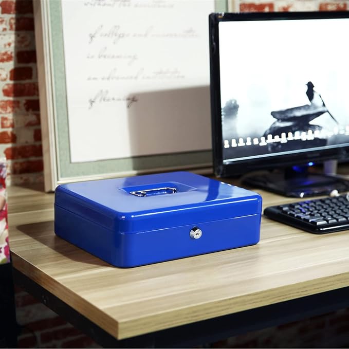 Jssmst Large Cash Box with Key Lock - Durable Metal Cash Box with Money Tray, 11.81 x 9.84 x 3.46 inches (X-Large, Blue)
