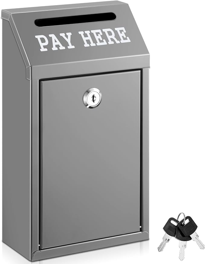 Yaocom Safe Metal Cash Box for Farm Stand – Money Drop and Secure Donation Collection, Wall Mount Lockable Unit with Pre Drilled Holes for Outdoor Self Serve(Grey,10.2 x 5.7 x 2.8 Inch)