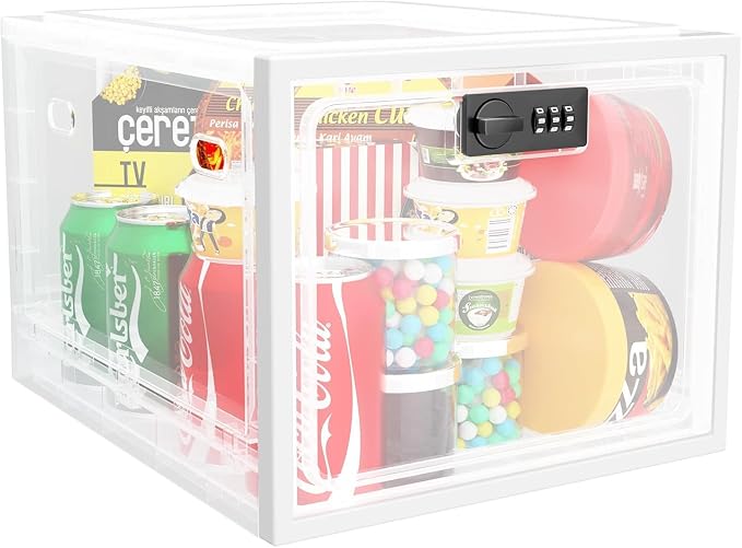 Large Medication Lock Box with Code, Clear Lockable Storage Box for Refrigerator, Cabinet & Dorm, Stackable Medicine Box for Prescriptions, Snacks, Phone, 11.9" x 9.3" x 7.6", White