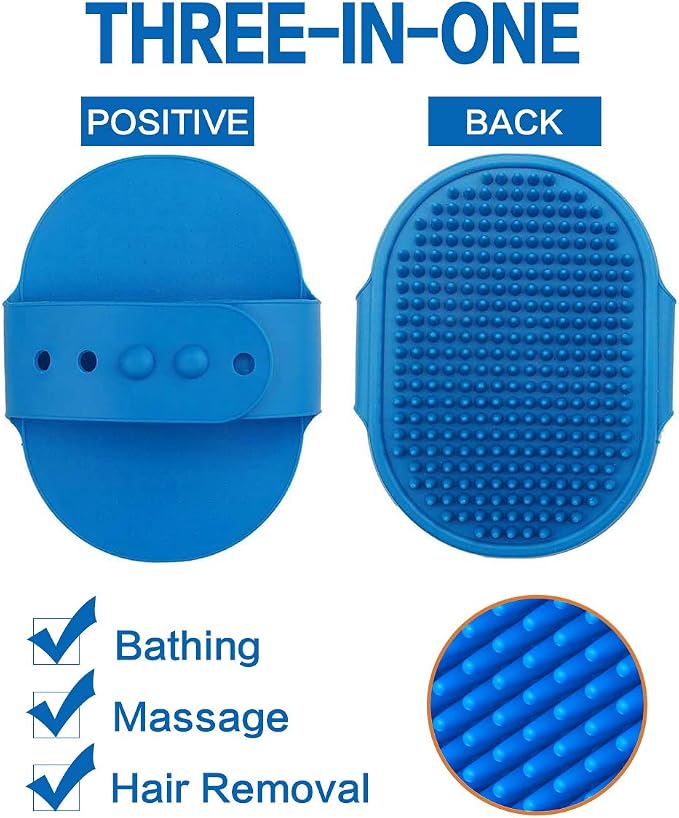 Dog Bath Brush Pet Bath Comb Brush Soothing Massage Rubber Comb 2pcs with Adjustable Ring Handle for Long Short Haired Dogs and Cats (Blue+Rose)