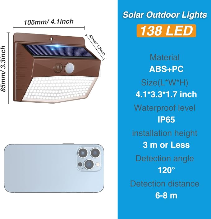 8 Pack Solar Motion Sensor Lights Outdoor Waterproof with 3 Modes | Cool White, Brown Frame, LED, Solar Powered, Security Lighting for Outside Wall Garden Fence Yard Deck Patio Garage